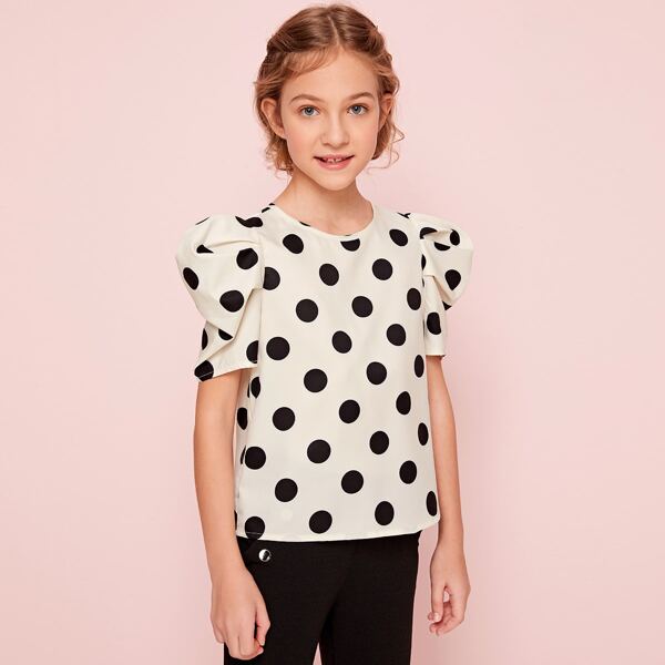 

Girls Puff Sleeve Polka Dot Top, Multicolor