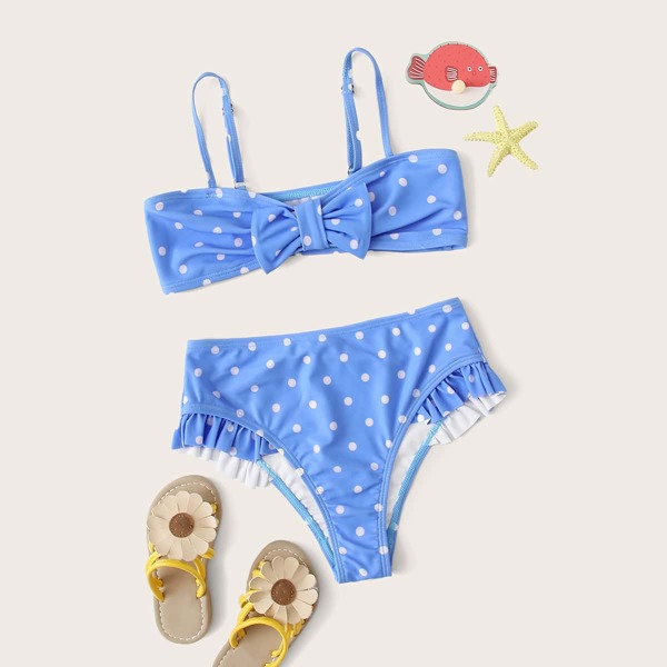 

Girls Polka Dot Ruffle Bow Front Bikini, Blue