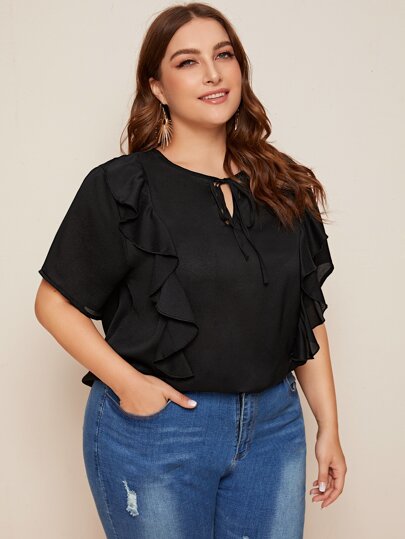 Plus Keyhole Tie Front Ruffle Trim Blouse