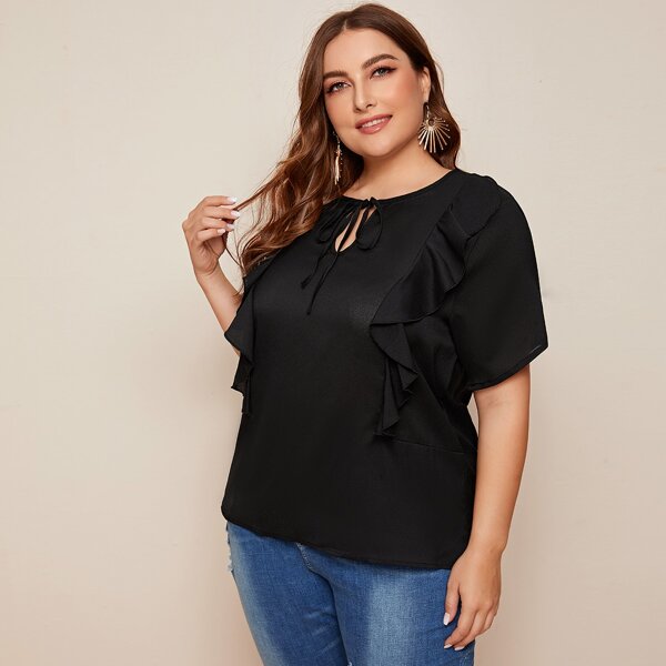 

Plus Keyhole Tie Front Ruffle Trim Blouse, Black
