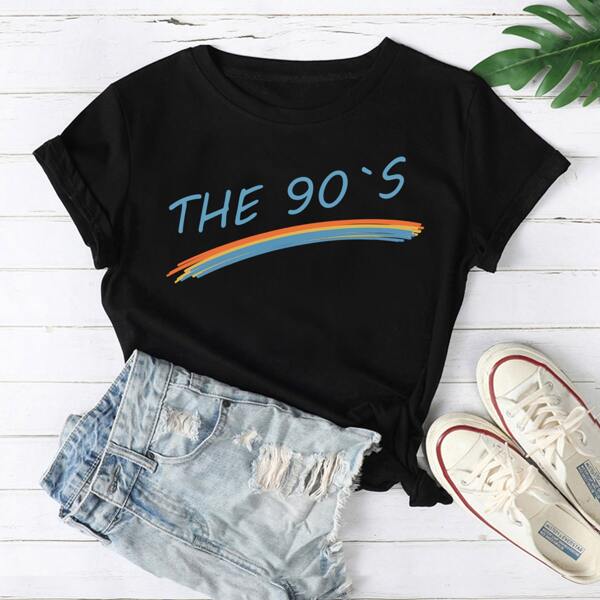 

Slogan & Graphic Print Tee, Black