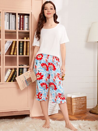 Solid Tee & Floral Pants PJ Set