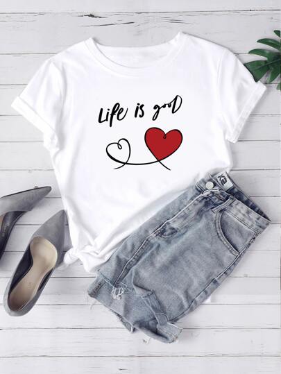 Slogan & Heart Print Tee