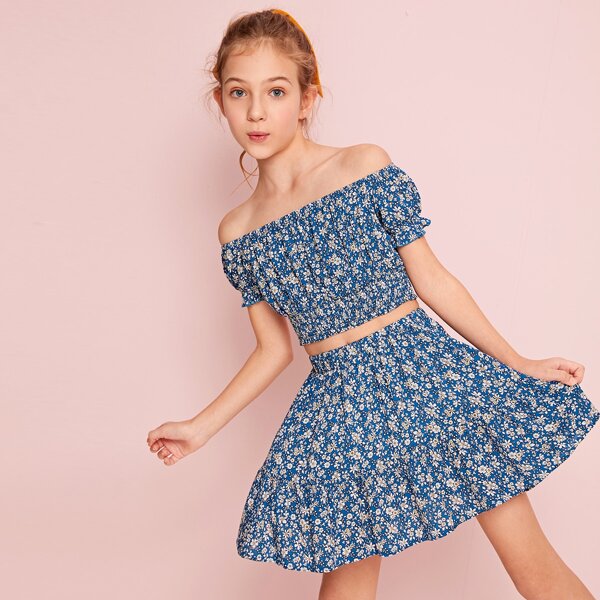 

Girls Shirred Panel Crinkle Bardot Top and Flare Skirt Set, Blue