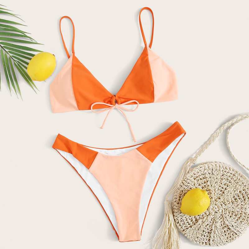

Two Tone Tie Front High Cut Bikini Swimsuit, Multicolor