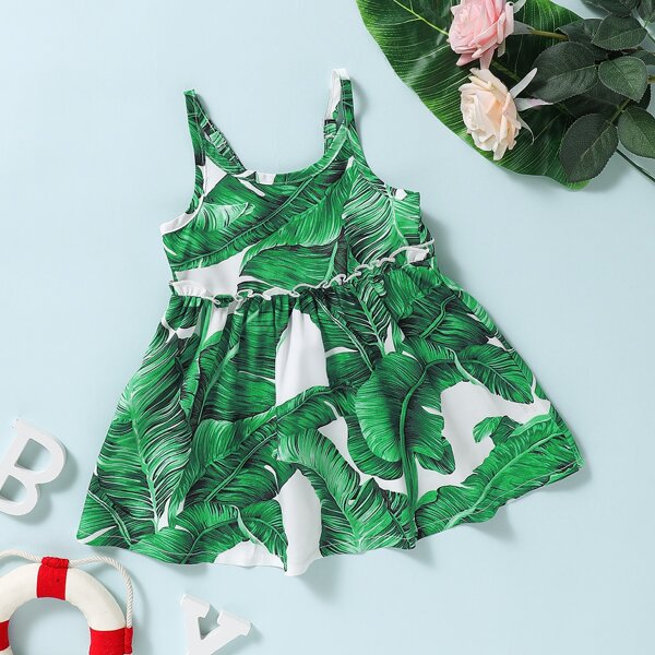 

Baby Girl Tropical Print Frilled Trim Cami Dress, Green