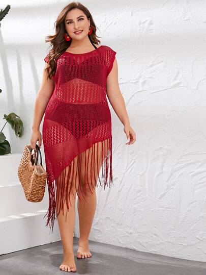 Plus Fringe Hem Hollow Out Crochet Cover Up