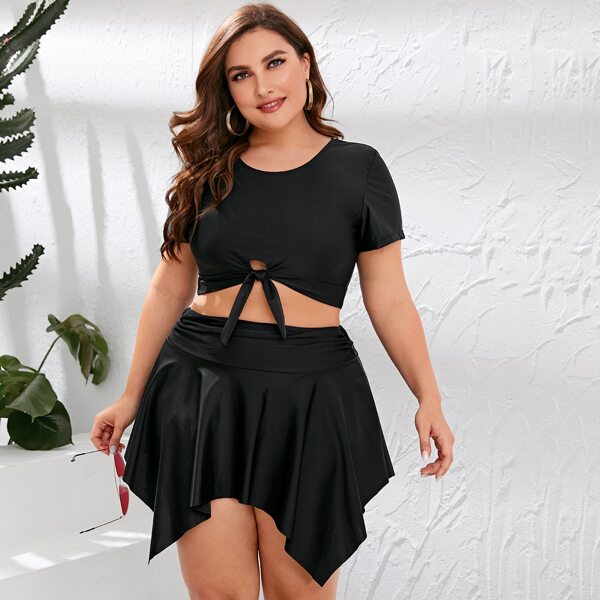 

Plus Knot Front Short Sleeve Skort Bikini Swimsuit, Black