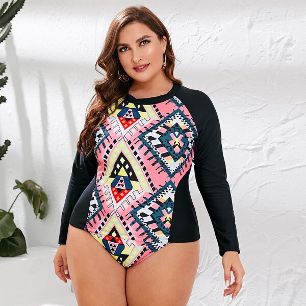 

Plus Geo Long Sleeve High Waisted Bikini Swimsuit, Multicolor