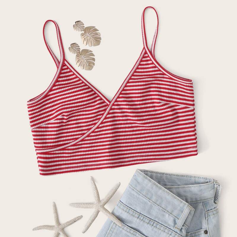 

Striped Surplice Crop Cami, Red