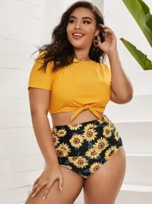 SHEIN Swim Curve Plus Sunflower Print Tankini Set Short Sleeve Tie Front Swim Shirt & High Waisted Bottom 2 Piece Bathing Suit