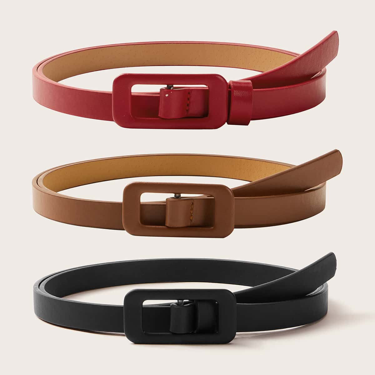 

3pcs Solid PU Buckle Belt, Multicolor