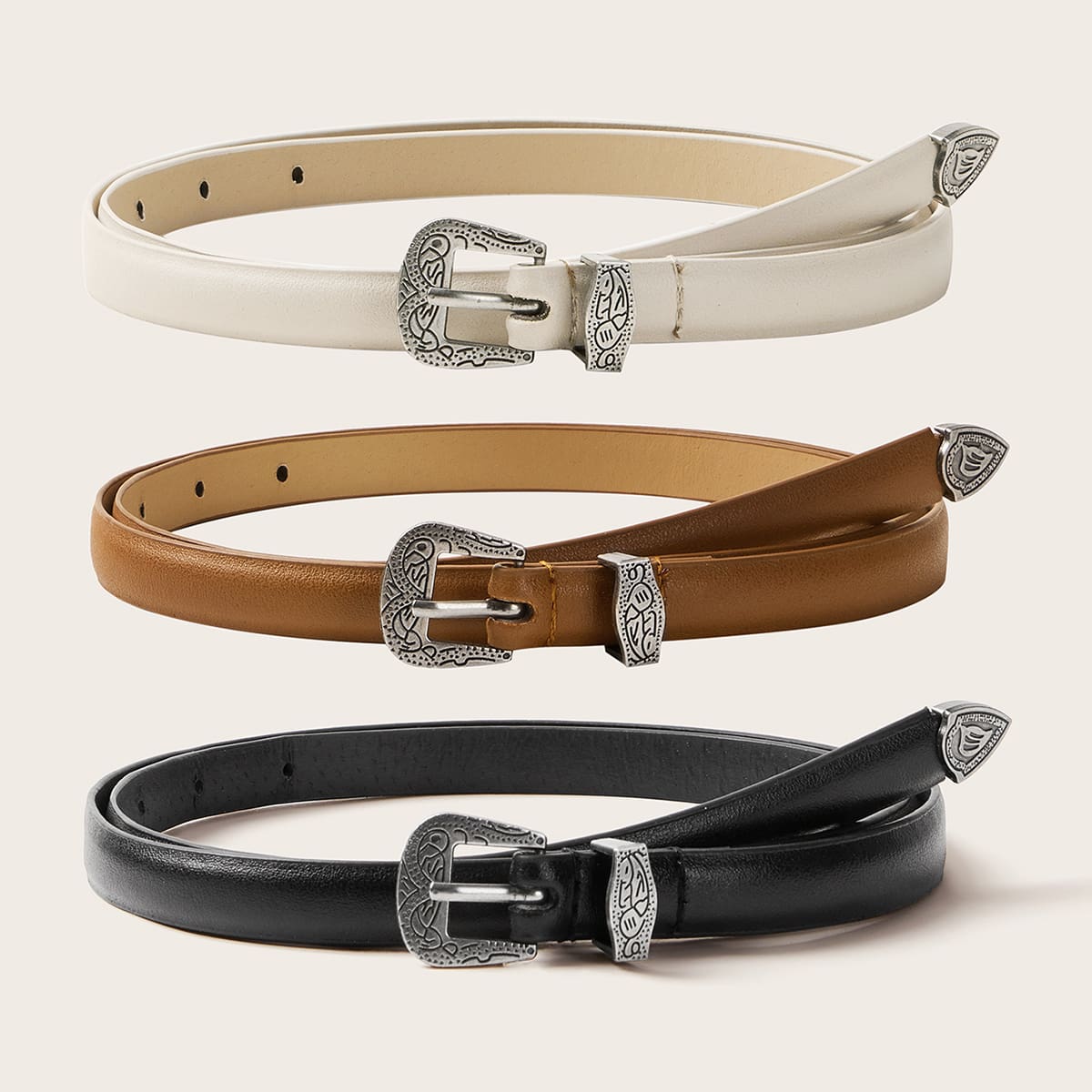 

3pcs Solid PU Buckle Belt, Multicolor