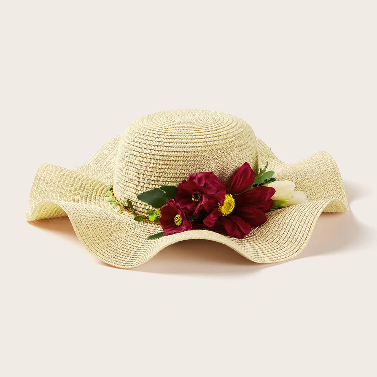 

Flower Decor Straw Hat, Khaki