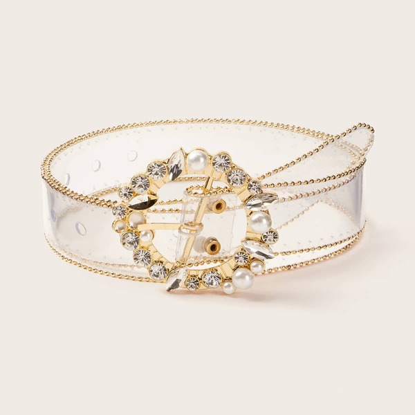 

Rhinestone Decor Faux Pearl Decor Transparent Belt, Clear