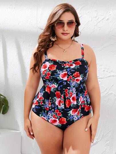 Plus Floral Ruffle Hem High Waisted Bikini Swimsuit
