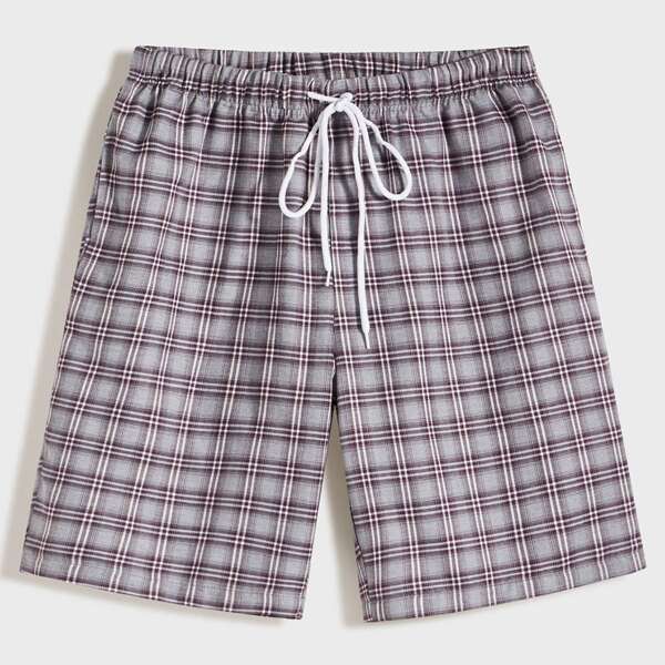 

Men Plaid Print Drawstring Waist Shorts, Purple