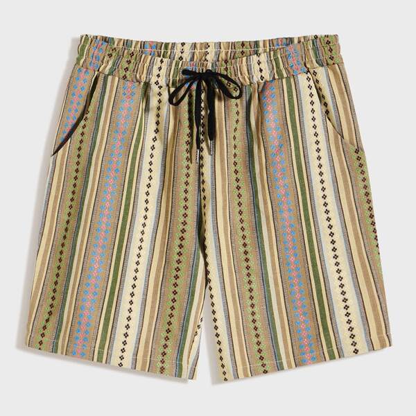 

Men Tribal & Striped Print Drawstring Waist Linen Shorts, Multicolor