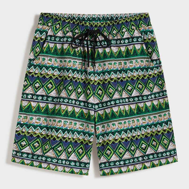 

Guys Tribal & Geo Print Drawstring Waist Shorts, Green