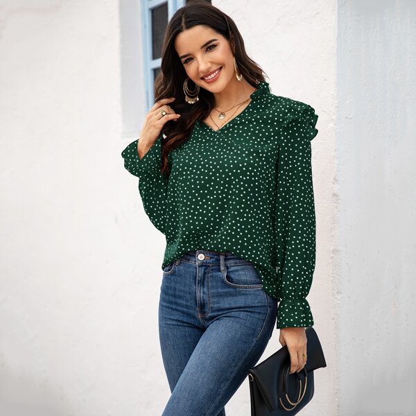 

Polka Dot Ruffle Trim Blouse, Green
