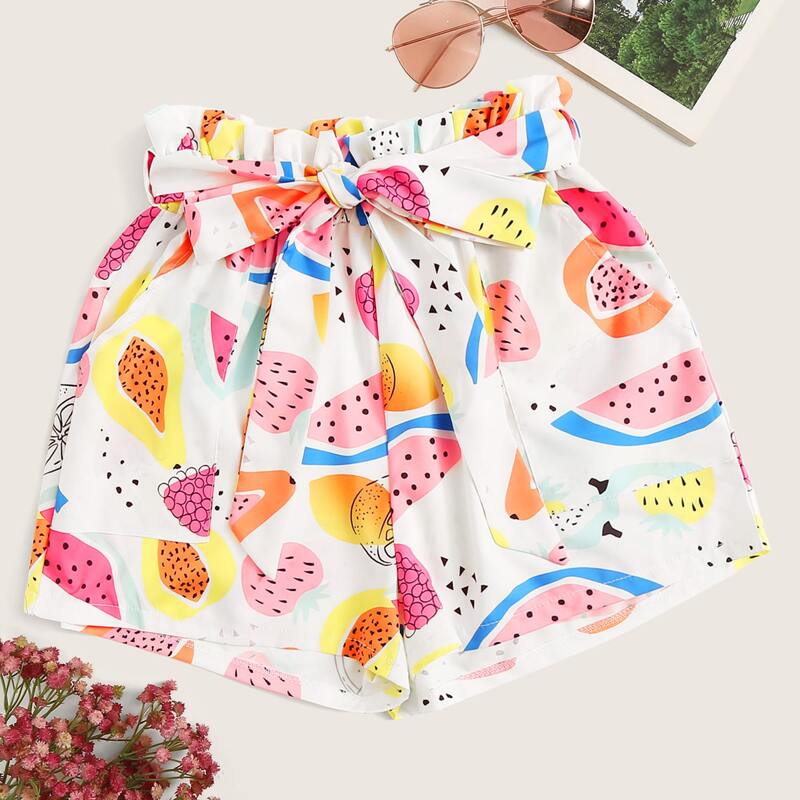 

Allover Fruit Print Belted Paperbag Shorts, Multicolor