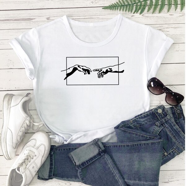 

Hands Print Round Neck Tee, White