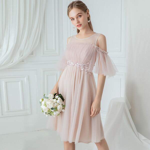 

EverPretty Cold Shoulder Embroidery Appliques Mesh Dress, Pink pastel