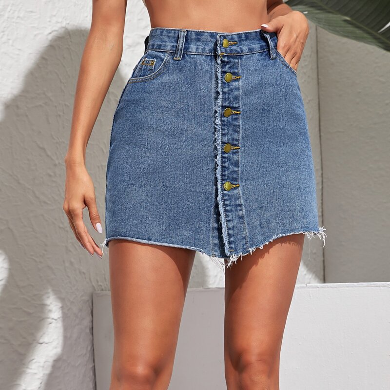 

Button Through Pocket Side Denim Skirt, Blue