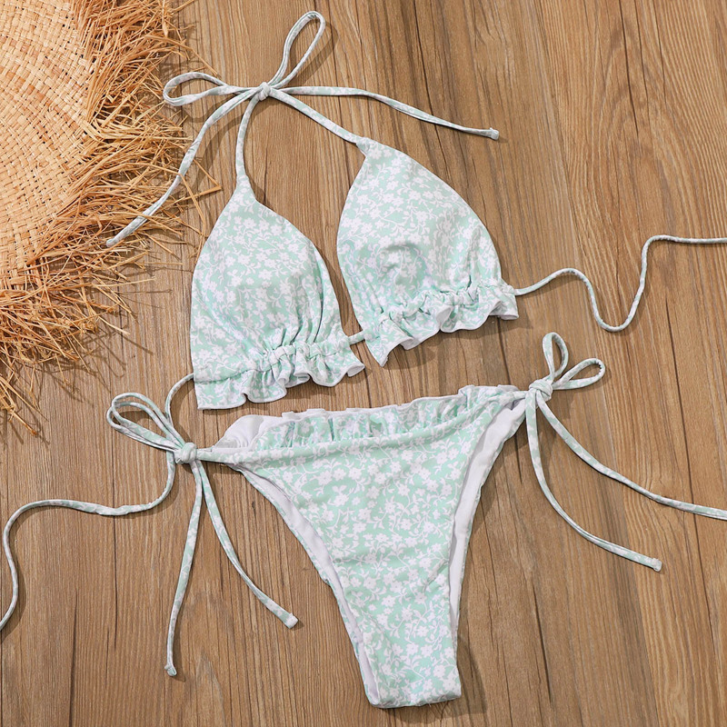 

Ditsy Floral Plunging Tie Side Bikini Swimsuit, Green