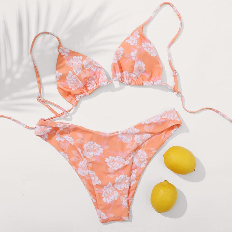 

Floral Triangle High Cut Bikini Swimsuit, Orange