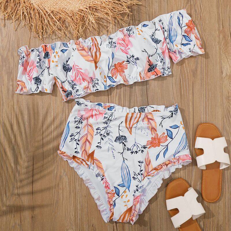 

Plant Frill Trim Bardot High Waisted Bikini Swimsuit, Multicolor