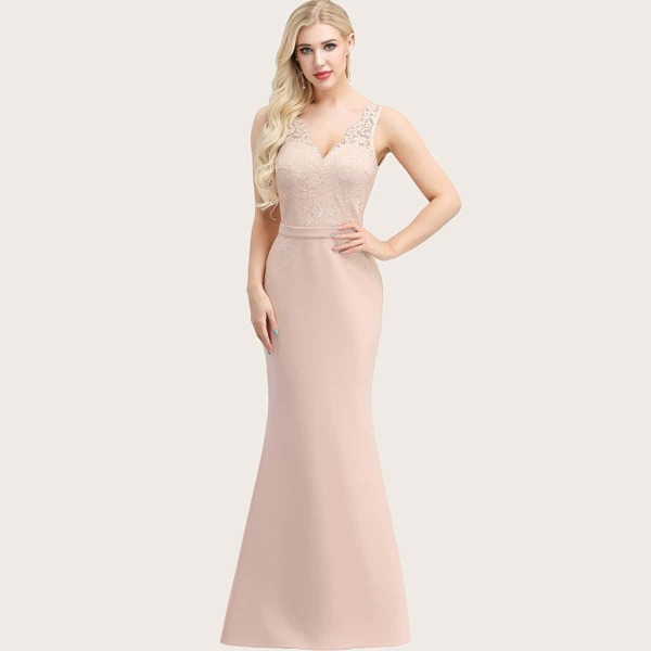 

V Back Lace Bodice Bodycon Formal Dress, Pink
