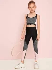 SHEIN Girls Slogan Tape Detail Marled Panel Top and Leggings Set - Multicolor - View 1