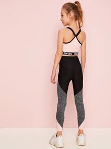 SHEIN Girls Slogan Tape Detail Marled Panel Top and Leggings Set - Multicolor - View 2