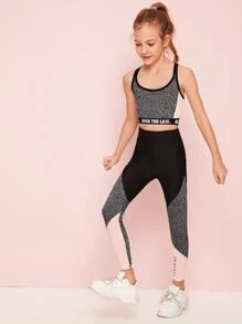 SHEIN Girls Slogan Tape Detail Marled Panel Top and Leggings Set - Multicolor - View 3