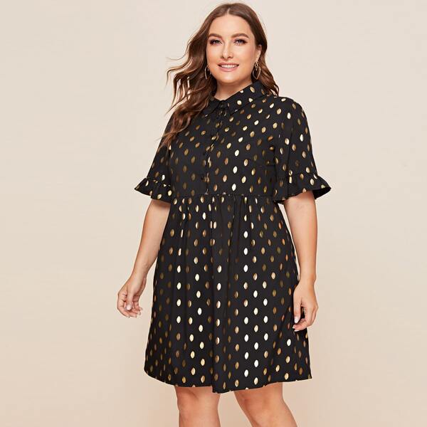 

Plus Flounce Sleeve Gold Print Shirt Dress, Black
