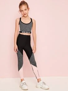 SHEIN Girls Slogan Tape Detail Marled Panel Top and Leggings Set - Multicolor - View 4
