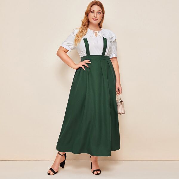 

Plus Sailor Collar Tie Front Top & Pinafore Skirt Set, Multicolor