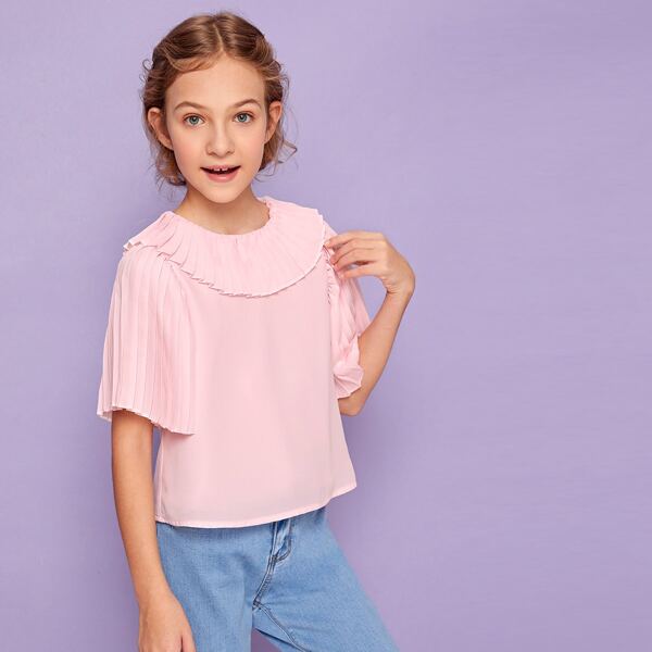 

Girls Pleated Ruffle Panel Button Back Solid Top, Pink pastel