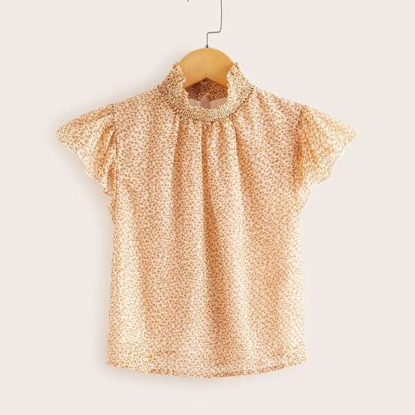 

Girls Shirred Neck Ruffle Trim Ditsy Floral Top, Orange