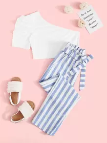 SHEIN Girls One Shoulder Puff Sleeve Top and Paperbag Waist Trousers Set - Multicolor - View 1