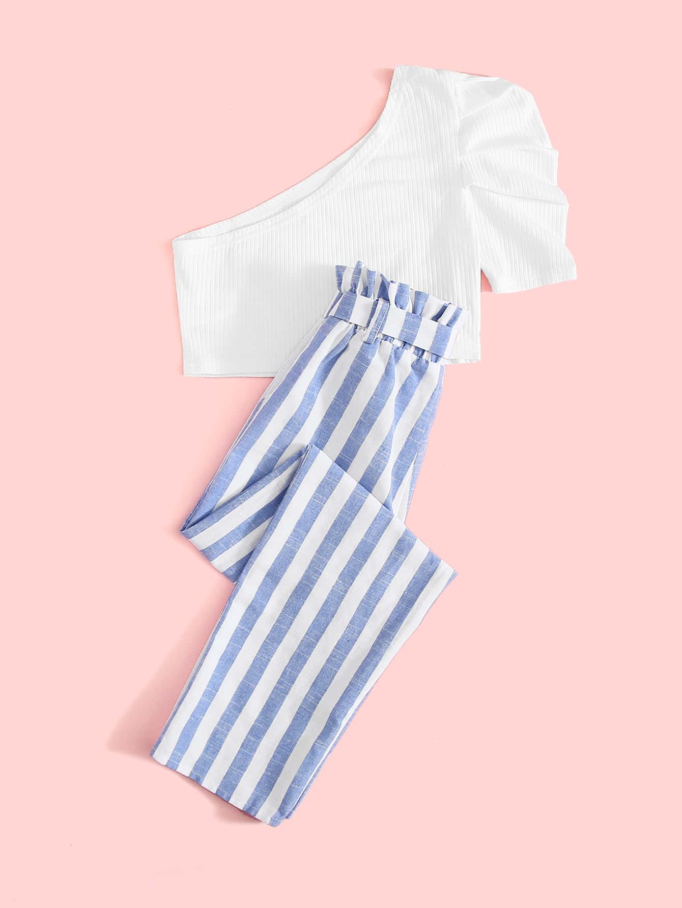 SHEIN Girls One Shoulder Puff Sleeve Top and Paperbag Waist Trousers Set - Multicolor - View 2