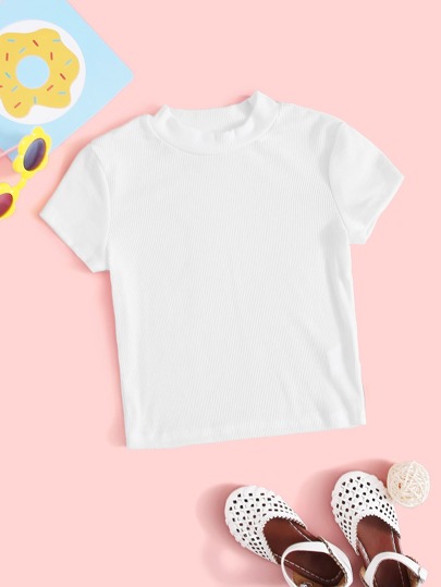 SHEIN Tween Girl Mock Neck Rib-Knit Tee