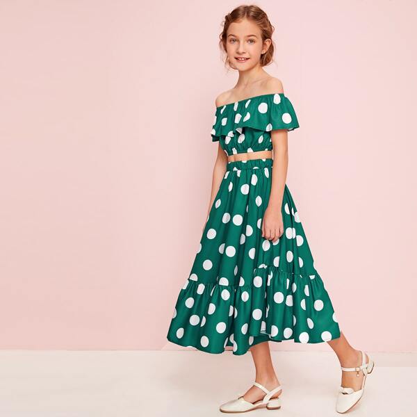 

Girls Off Shoulder Ruffle Trim Polka Dot Top & Skirt Set, Green