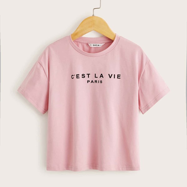 

Girls Drop Shoulder Slogan Graphic Tee, Pink