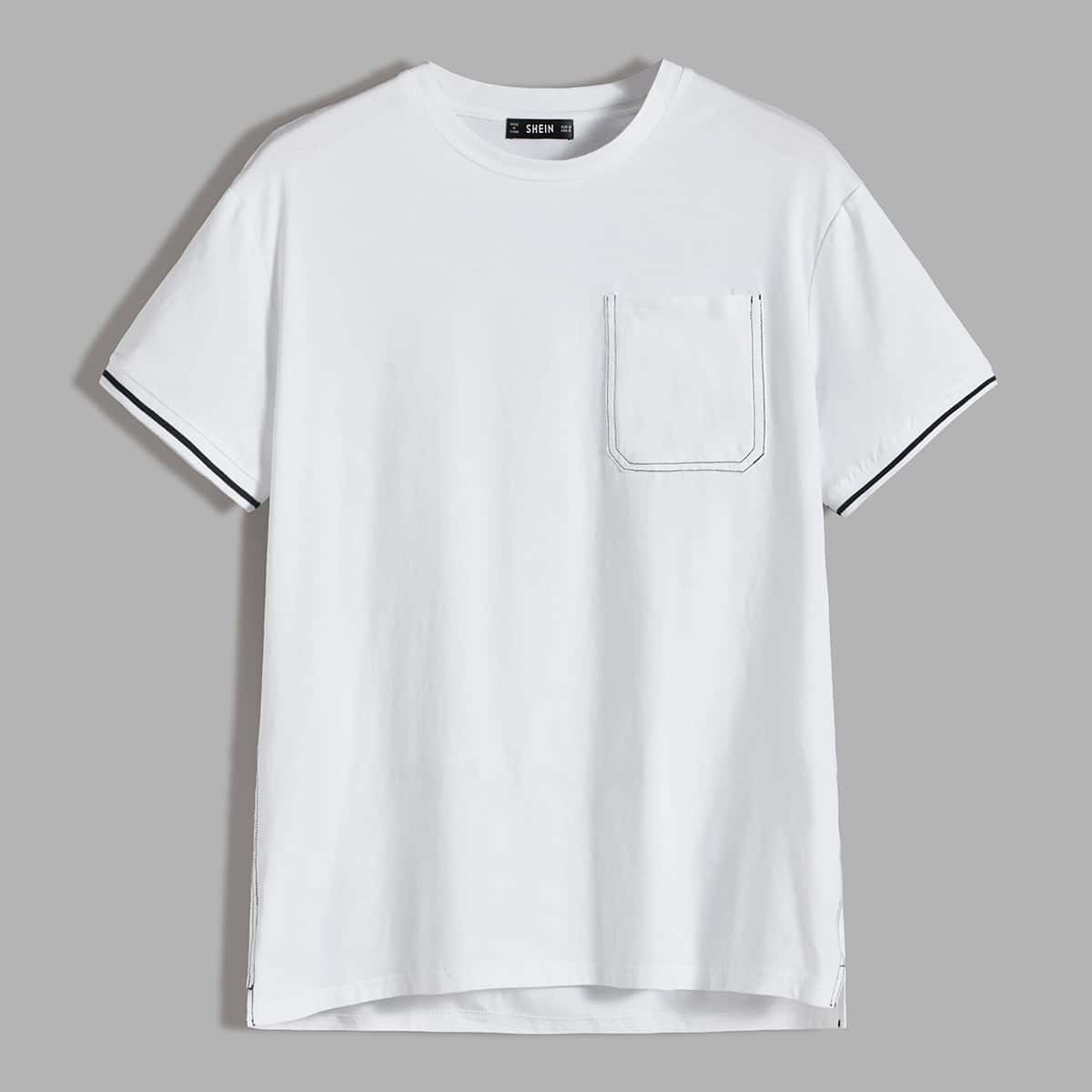 

Guys Striped Cuff Pocket Patched Tee, White