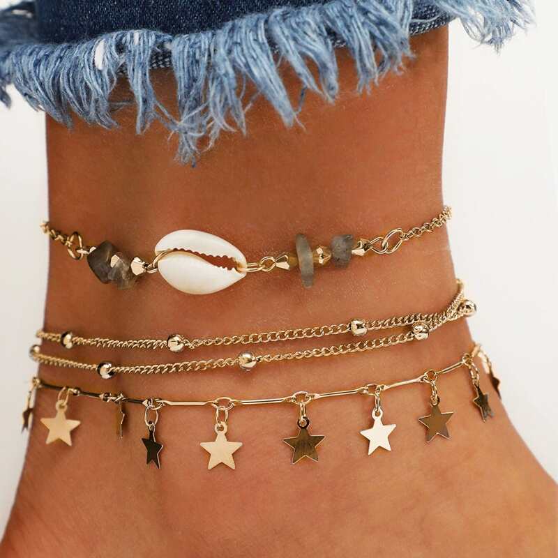 

3pcs Star & Shell Decor Anklet, Gold
