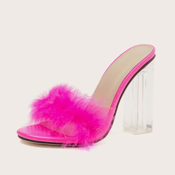 

Contrast Faux Fur Chunky Heeled Mules, Pink bright