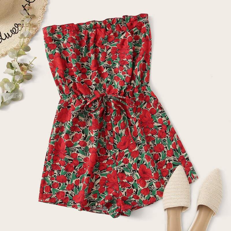 

Tie Waist Floral Print Tube Romper, Multicolor
