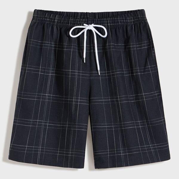 

Men Plaid Print Drawstring Waist Shorts, Navy blue
